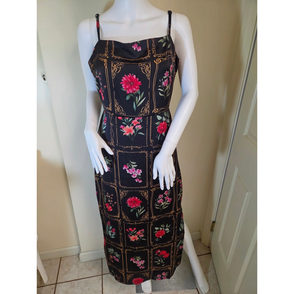 Taylor Womens Black Floral Gold Scroll Frame Maxi Dress Size 10 Spaghetti Strap